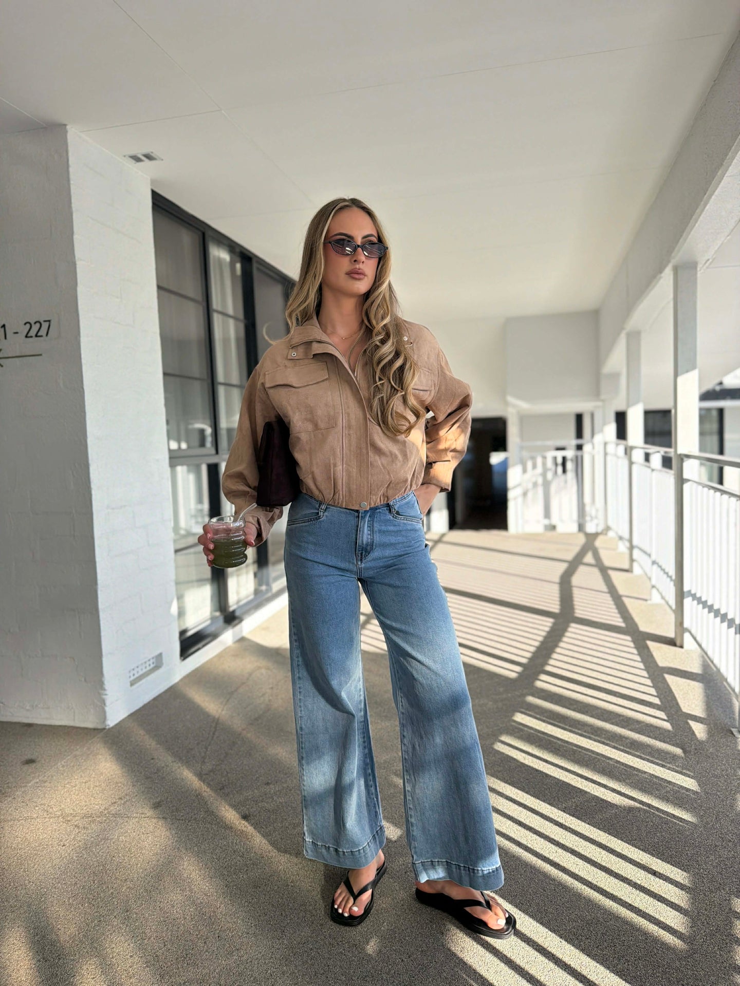 BEIGE FUNNEL NECK SUADE JACKET
