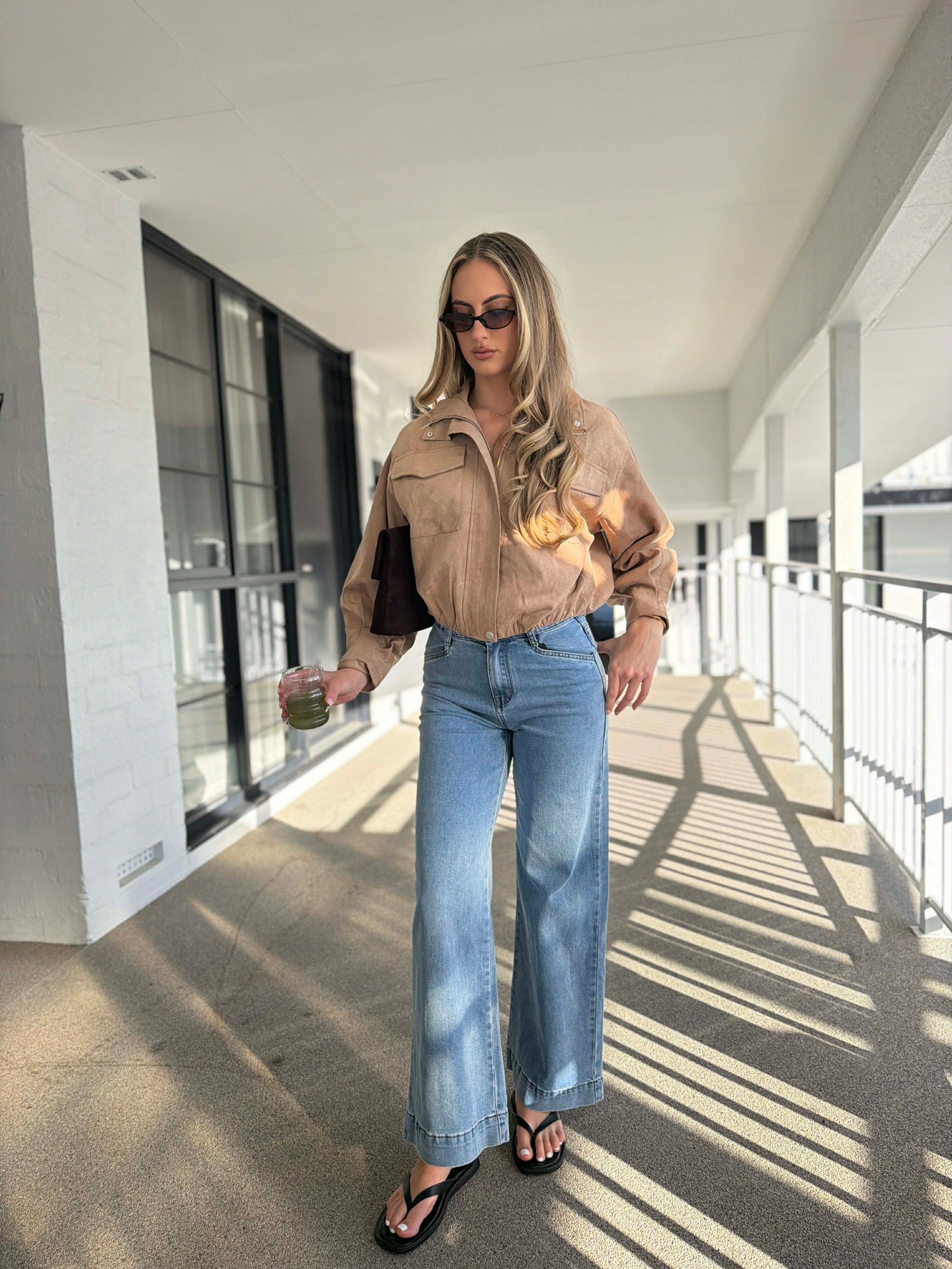 BEIGE FUNNEL NECK SUADE JACKET