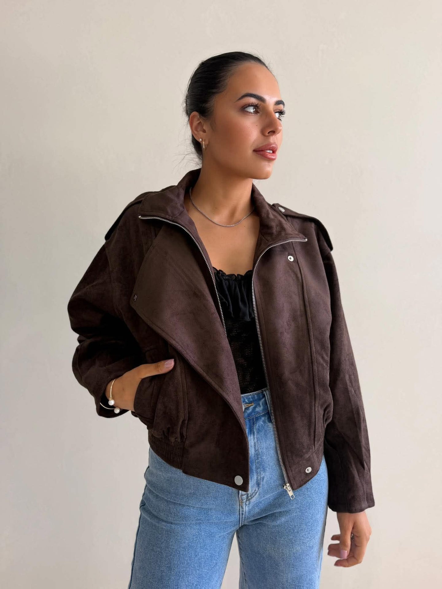 CHOC FUNNEL NECK SUEDE BOMBER