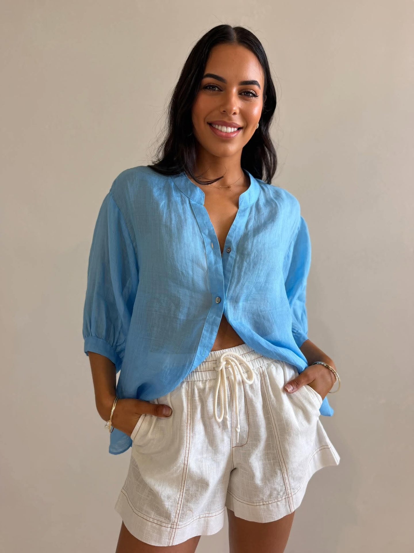 JEMMA LINEN BLOUSE -SKY