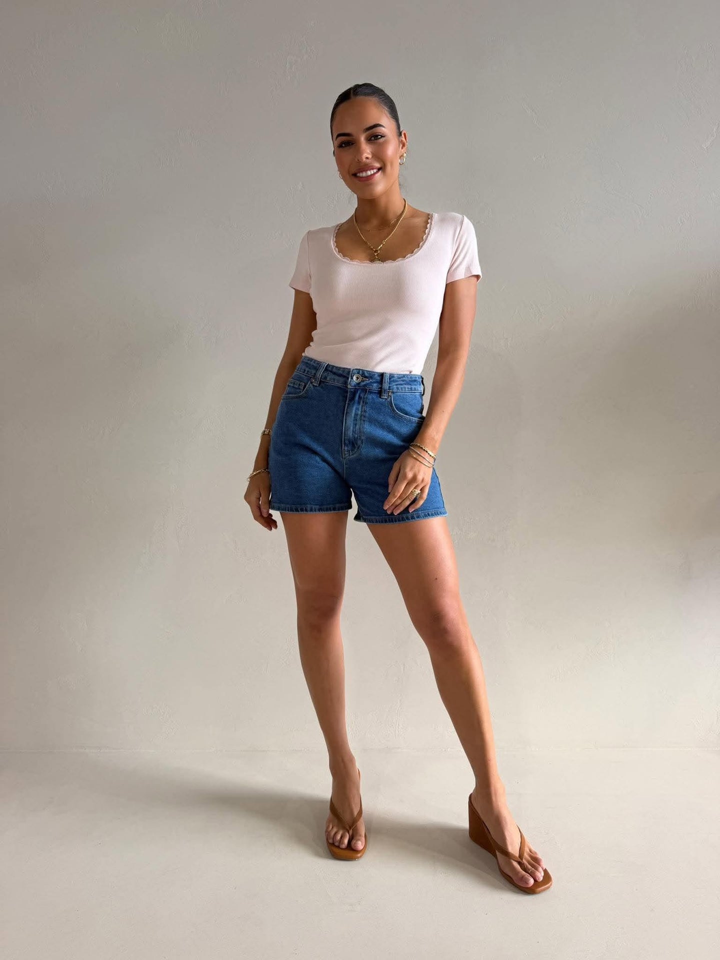 WASHED RIB LACE SCOOP NECK TEE- PINK