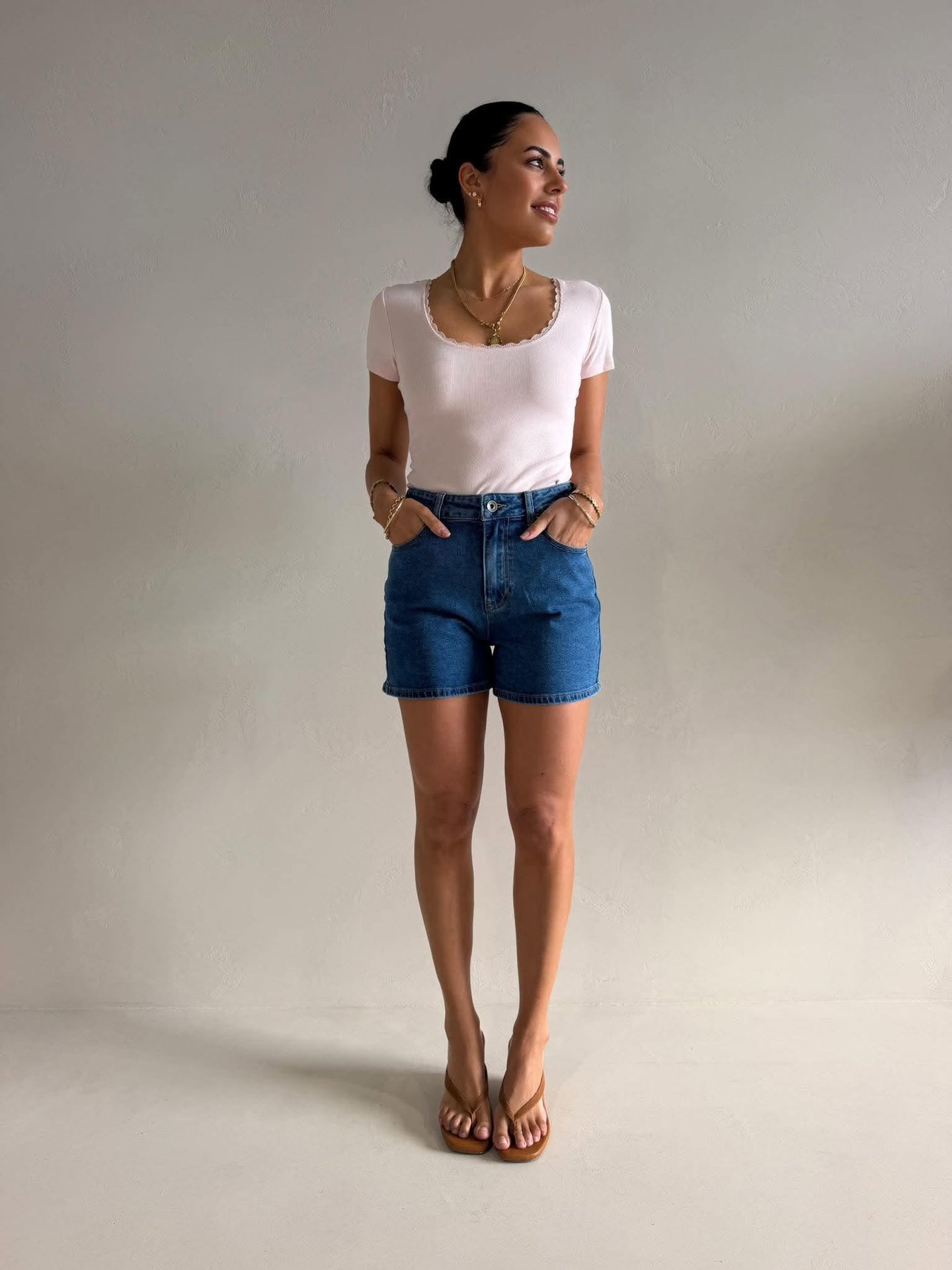 WASHED RIB LACE SCOOP NECK TEE- PINK