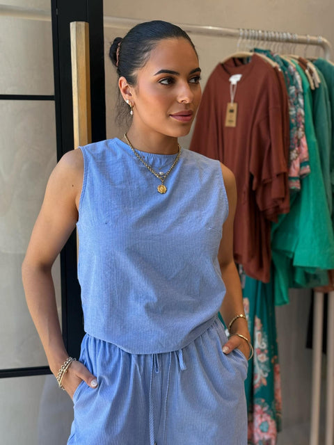 CHEETAH TOP - BLUE PINSTRIPE