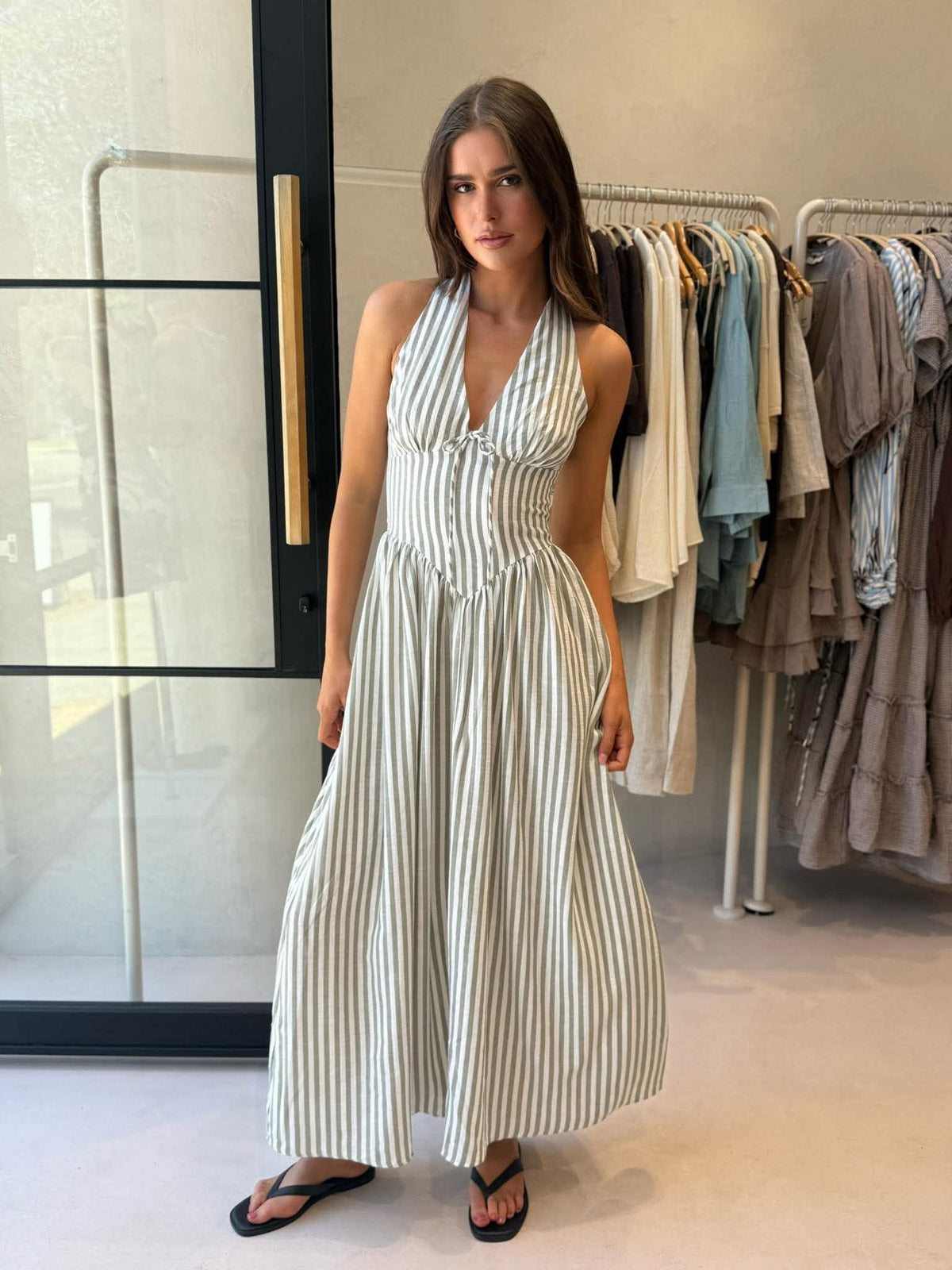 KATIE MAXI DRESS - OLIVE STRIPE
