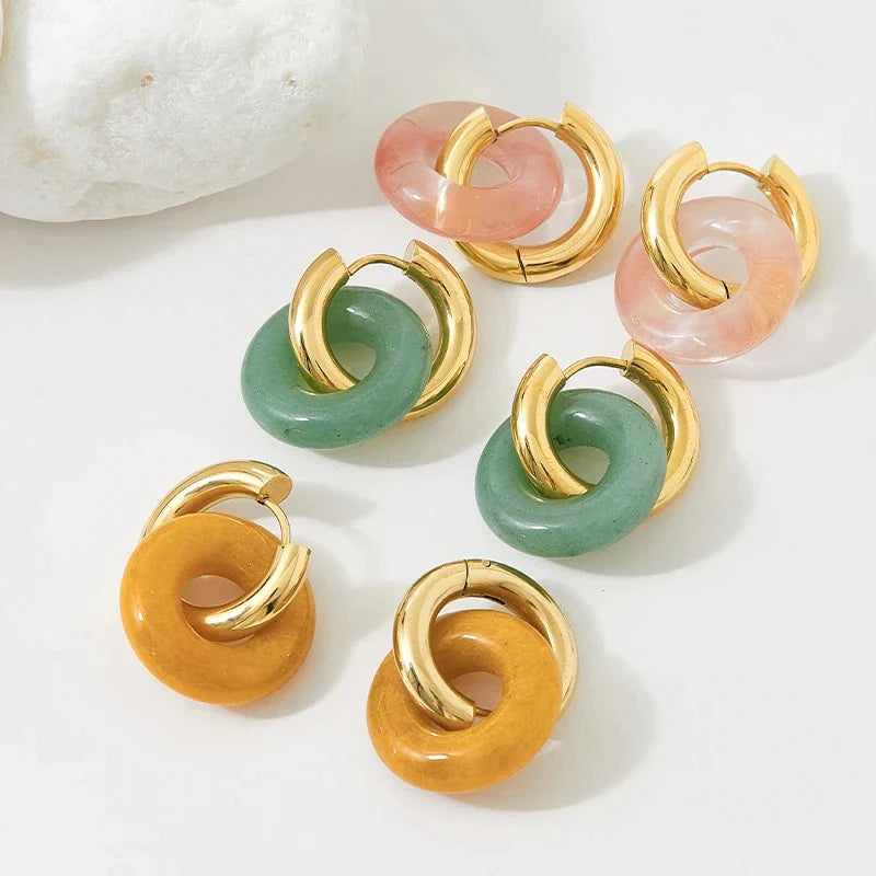 Boho Mala Pink Stone Disk Gold Plated Earrings