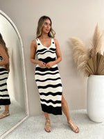 Scallop Stripe Knit Dress - Cream Black