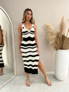 Scallop Stripe Knit Dress - Cream Black