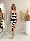 Scallop Stripe Knit Dress - Cream Black