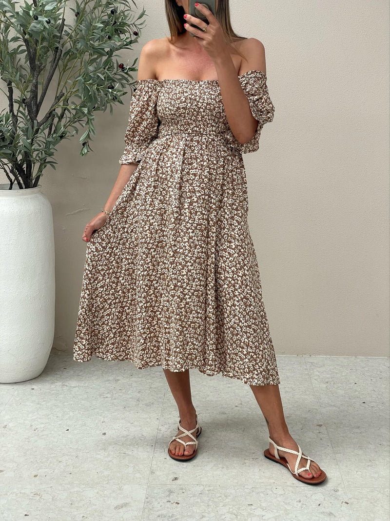 Mango Midi Dress - Tan Floral