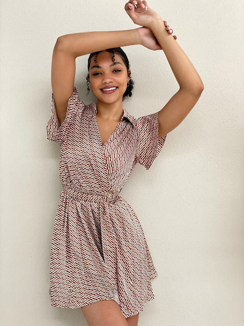 Satin Geo Mini Dress- Brown & white