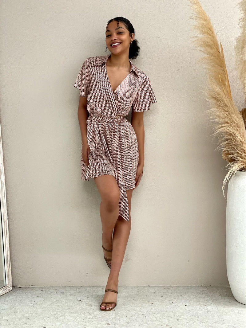 Satin Geo Mini Dress- Brown & white