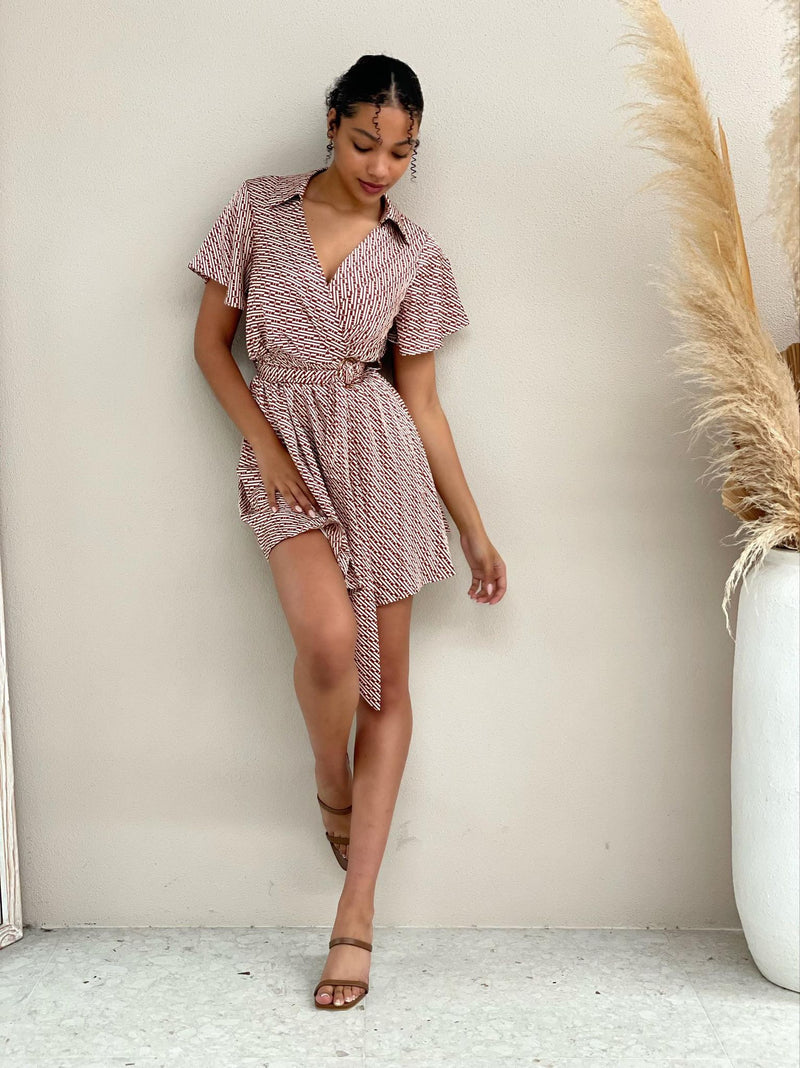 Satin Geo Mini Dress- Brown & white