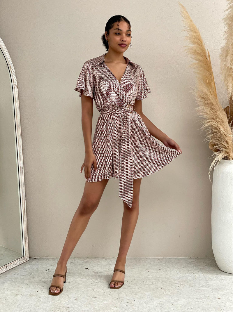Satin Geo Mini Dress- Brown & white