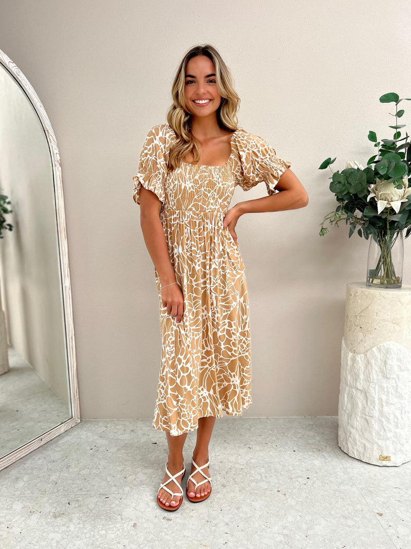 Mango Midi Dress - Tan Abstract