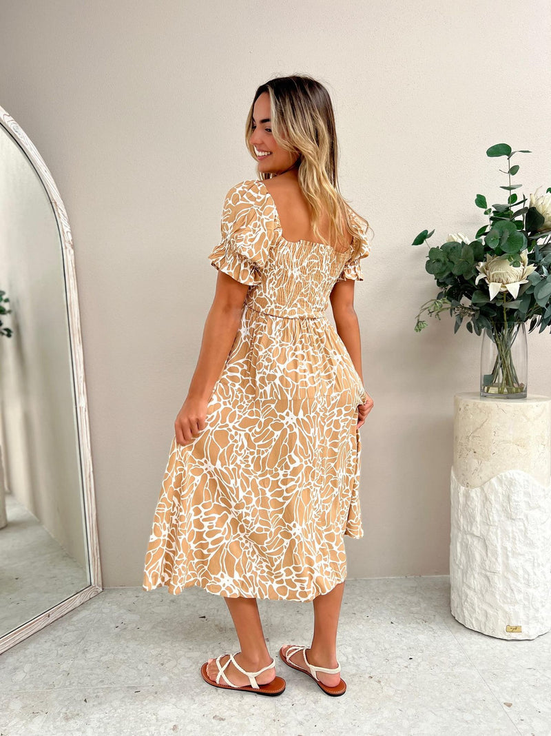 Mango Midi Dress - Tan Abstract