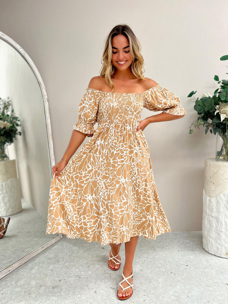 Mango Midi Dress - Tan Abstract