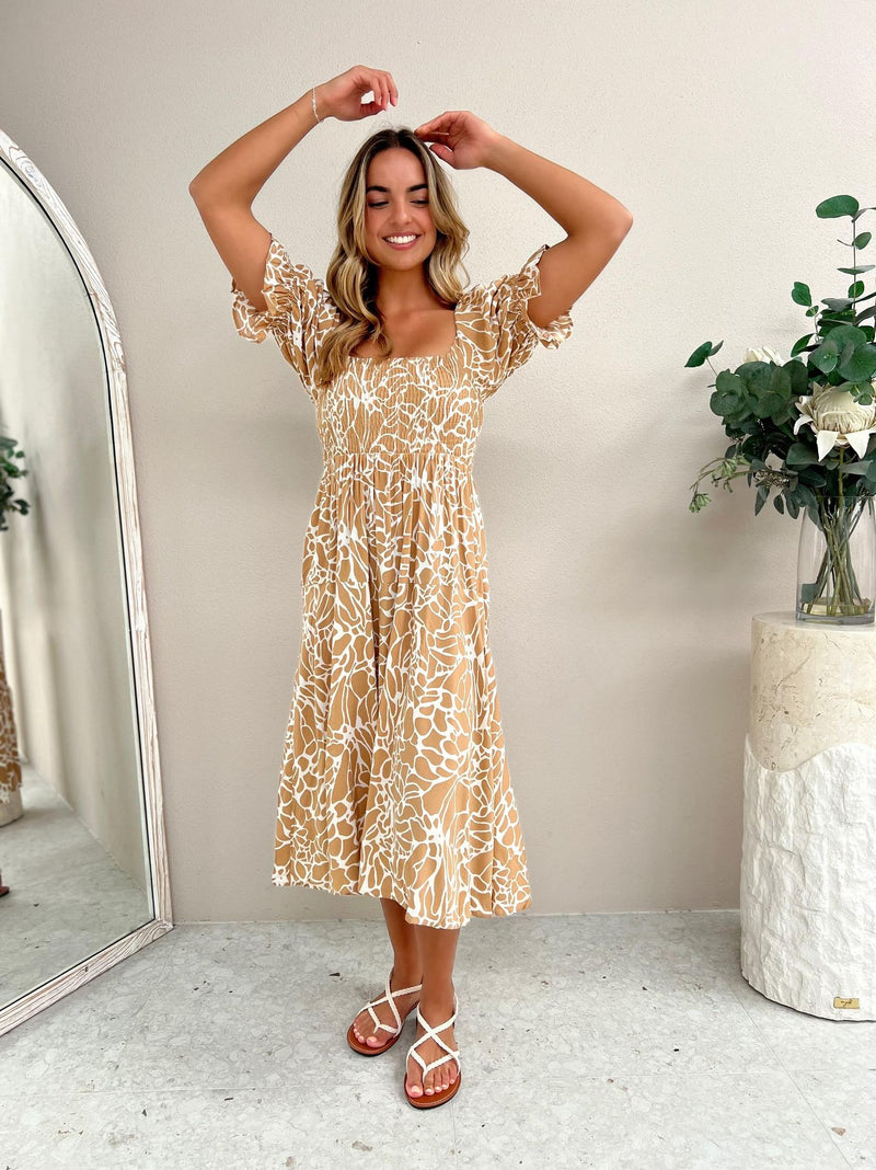 Mango Midi Dress - Tan Abstract
