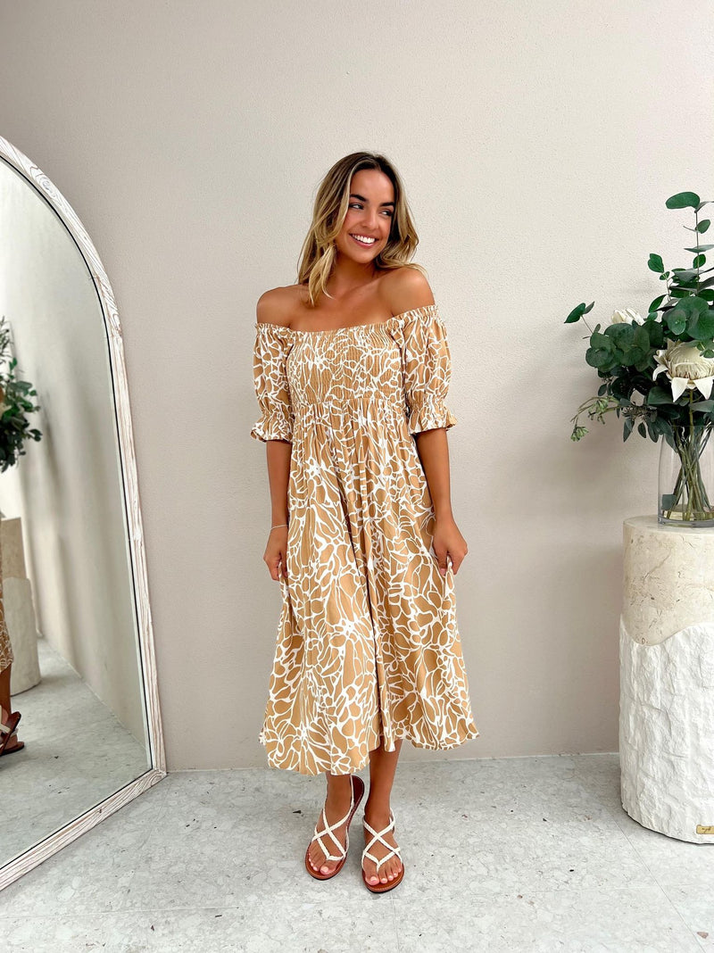 Mango Midi Dress - Tan Abstract