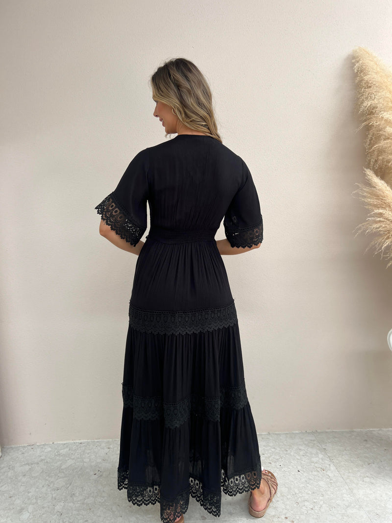 Lace Trim Dress - Black