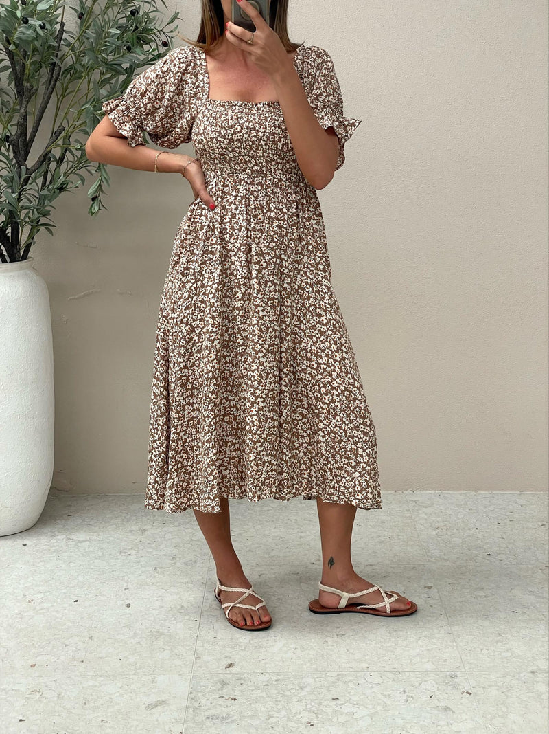 Mango Midi Dress - Tan Floral