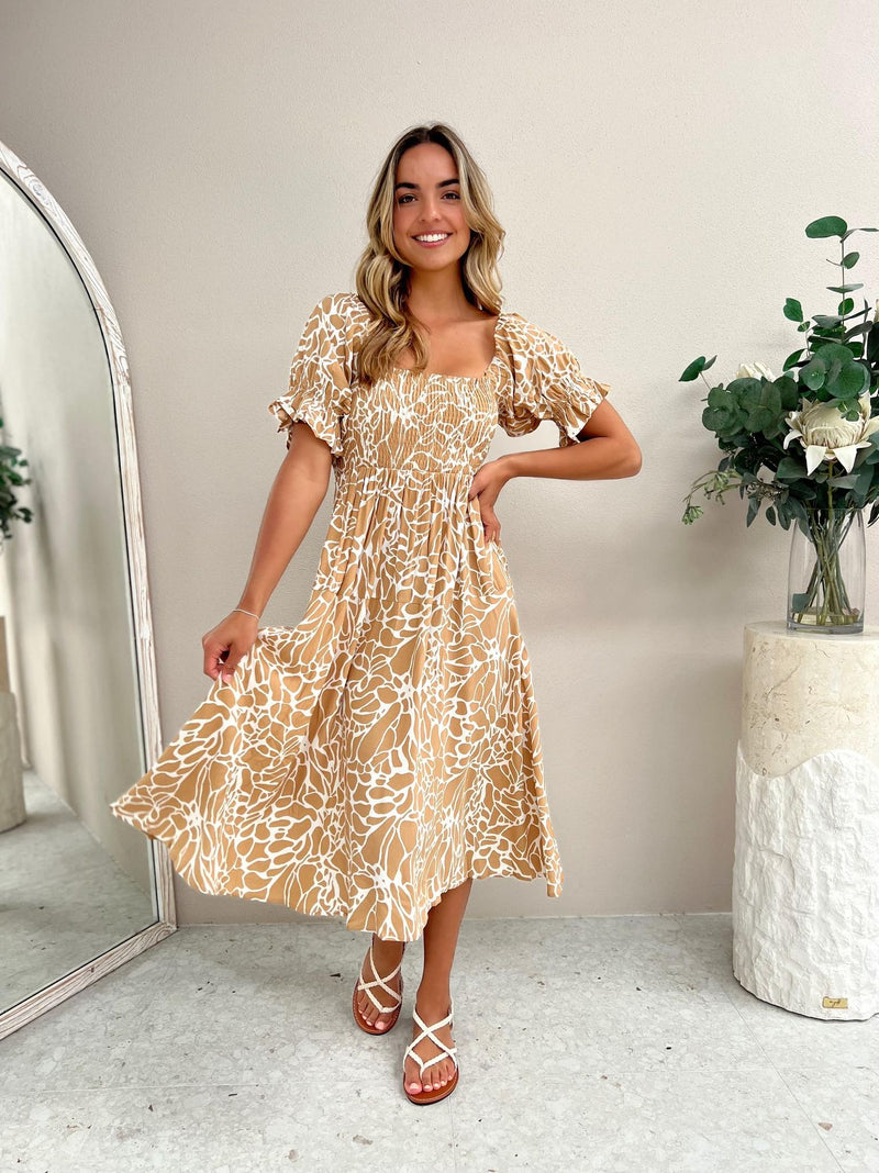 Mango Midi Dress - Tan Abstract