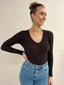 Eve Rib V Neck Long Sleeve Top - Washed Black