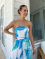 FLORAL STRAPLESS JUMPSUIT - BLUE/WHITE