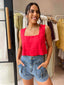 LINEN SQUARE NECK CROP - RED