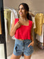 LINEN SQUARE NECK CROP - RED