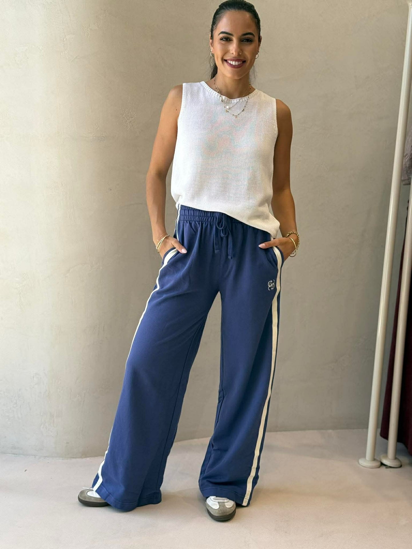 GIGI WIDE LEG TERRY TRACKPANT - WASHED NAVY
