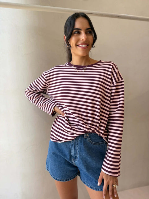 EASY TUCK LONG SLEEVE- PINK STRIPE