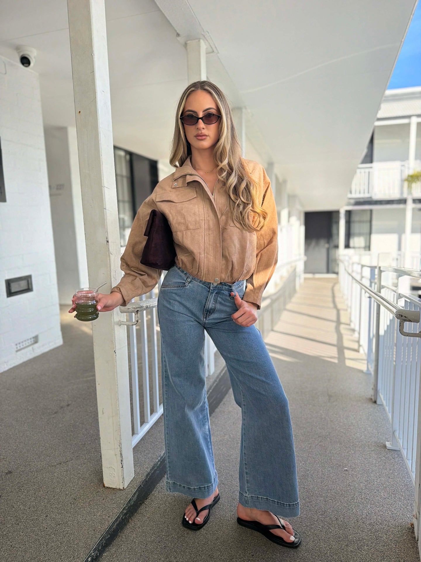 BEIGE FUNNEL NECK SUADE JACKET