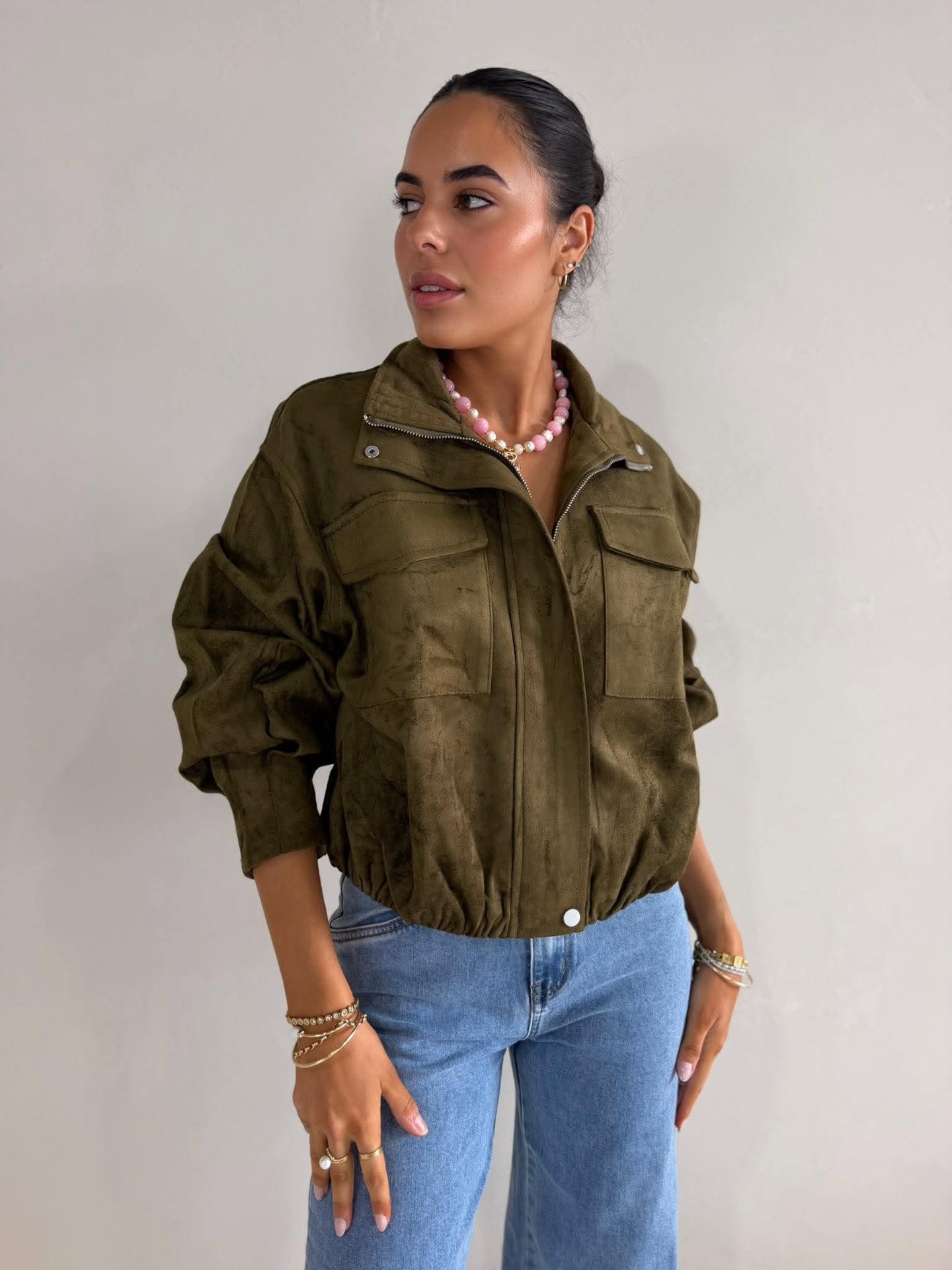 KHAKI FUNNEL NECK JACKET