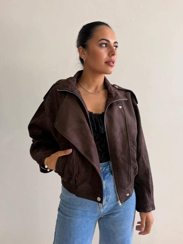 CHOC FUNNEL NECK SUEDE BOMBER