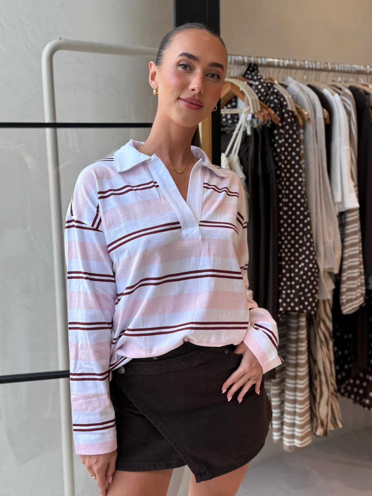 SHELBY SLOUCHY RUGBY TOP- SUNFADED PINK/MULBERRY STRIPE
