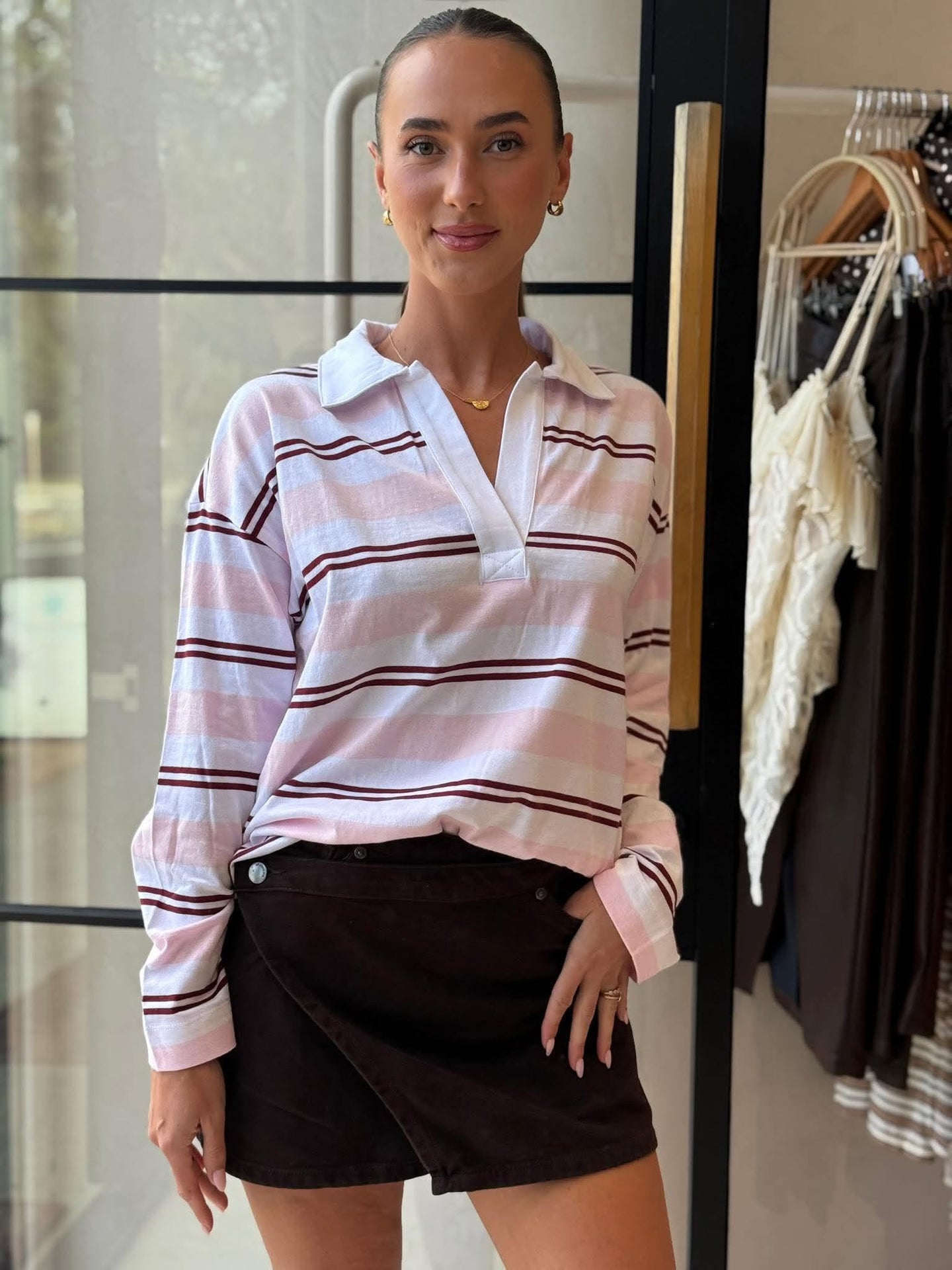 SHELBY SLOUCHY RUGBY TOP- SUNFADED PINK/MULBERRY STRIPE