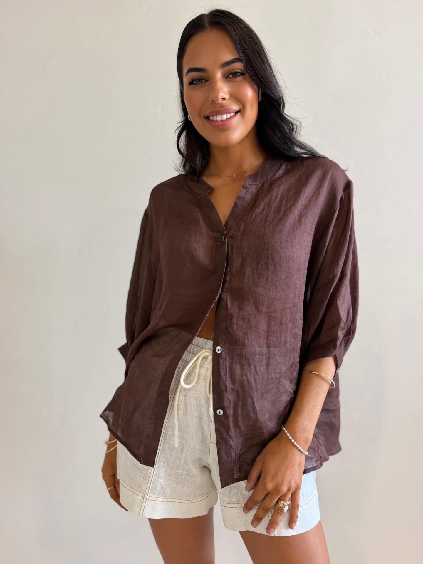 JEMMA LINEN BLOUSE - DARK CHOC