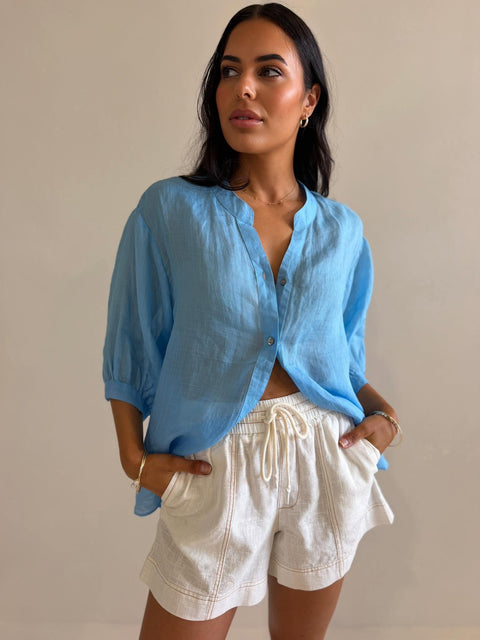 JEMMA LINEN BLOUSE -SKY