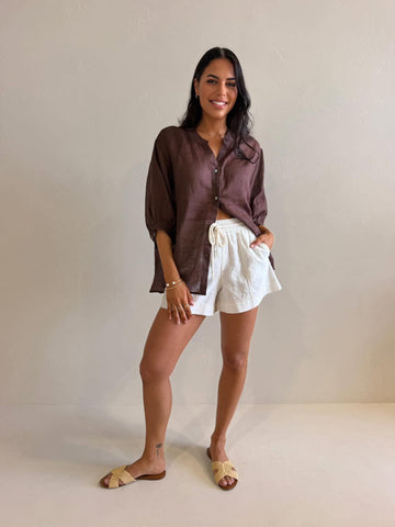 JEMMA LINEN BLOUSE - DARK CHOC