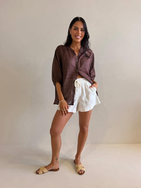 JEMMA LINEN BLOUSE - DARK CHOC