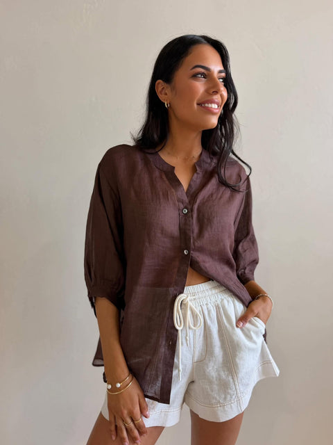 JEMMA LINEN BLOUSE - DARK CHOC