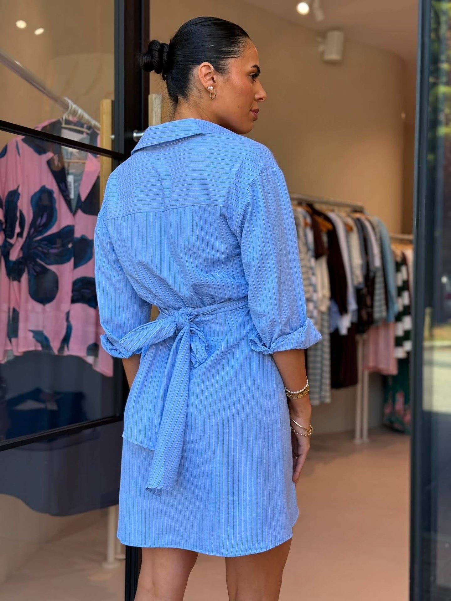 SUNSET DRESS -BLUE PIN STRIPE