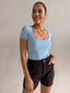 WASHED RIB LACE SCOOP NECK TEE- BLUE