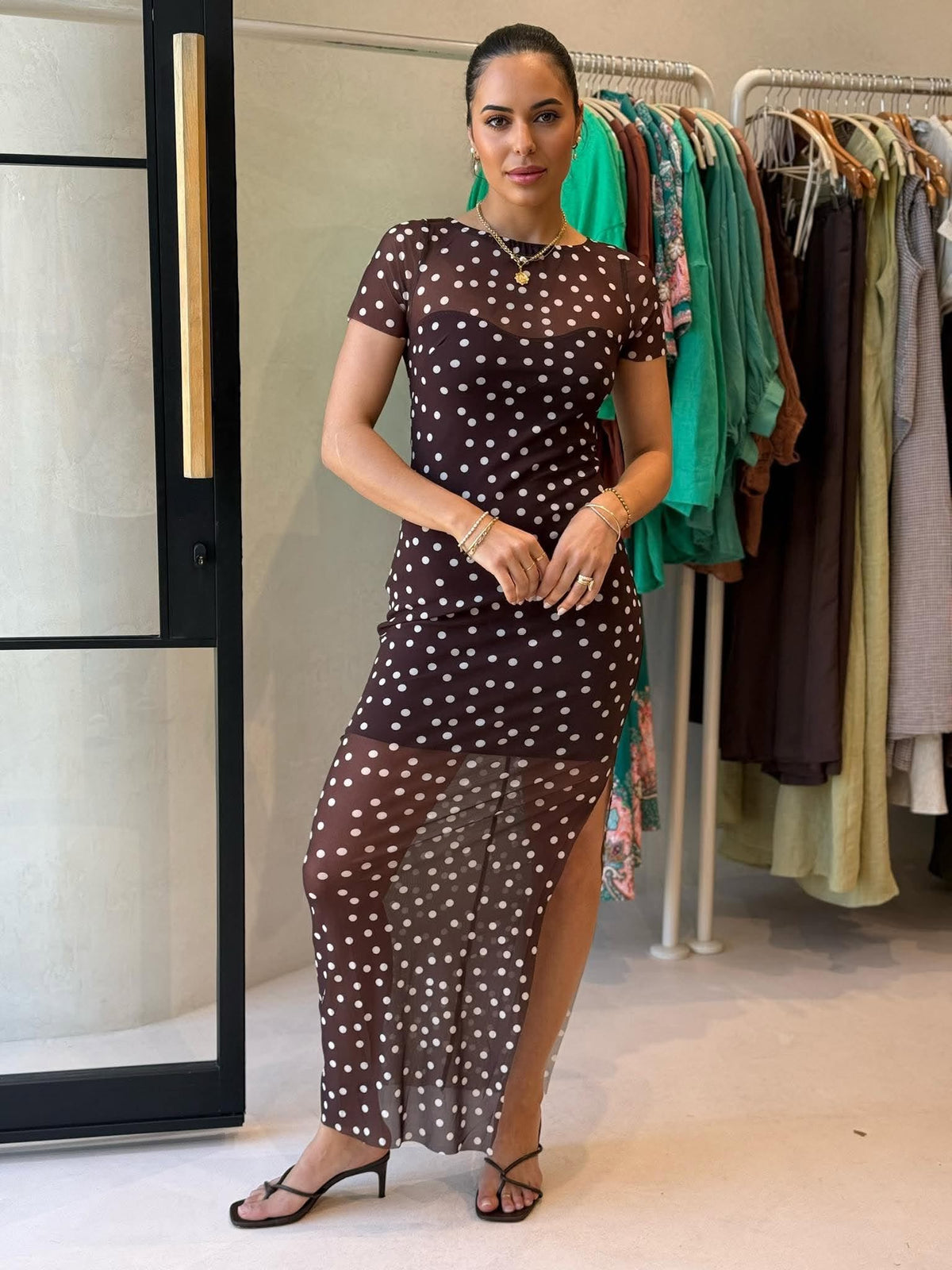 YASMINA POLKA DOT DRESS- CHOC
