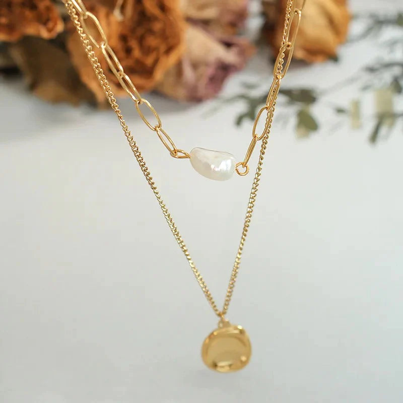 Boho & Mala Double Layered 18k Gold Plated / Stainless Steel Freshwater Pearl Necklace